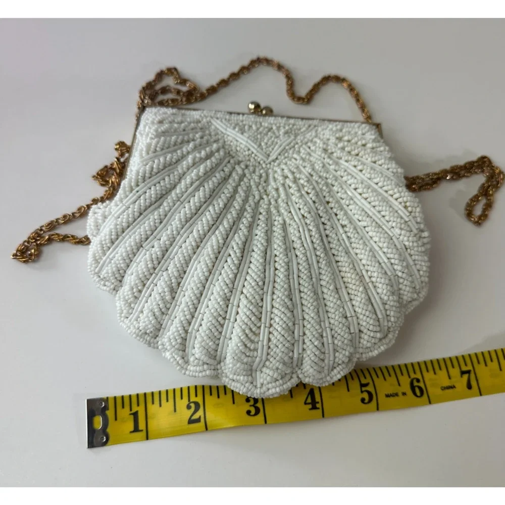 Vintage Walborg Mini Beaded Satin Clamshell Gatsby Purse Gold Color Chain Strap - Picture 11 of 13